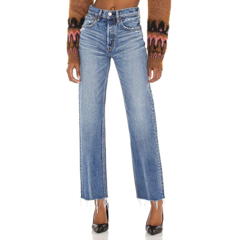 Moussy Vintage High Rise Straight Leg Distressed Jeans 025EAC11-2390 Blue 27